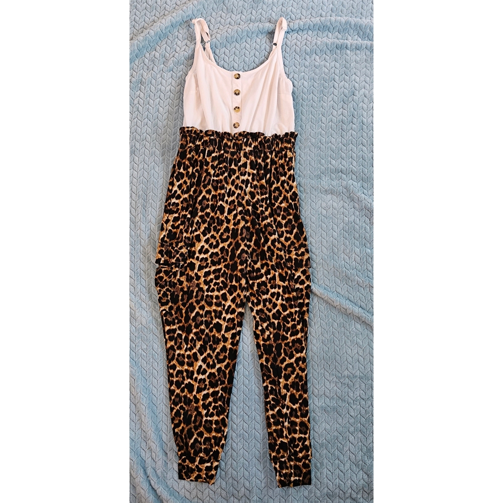 No Boundaries White and Brown Jumpsuit with Leopard Print